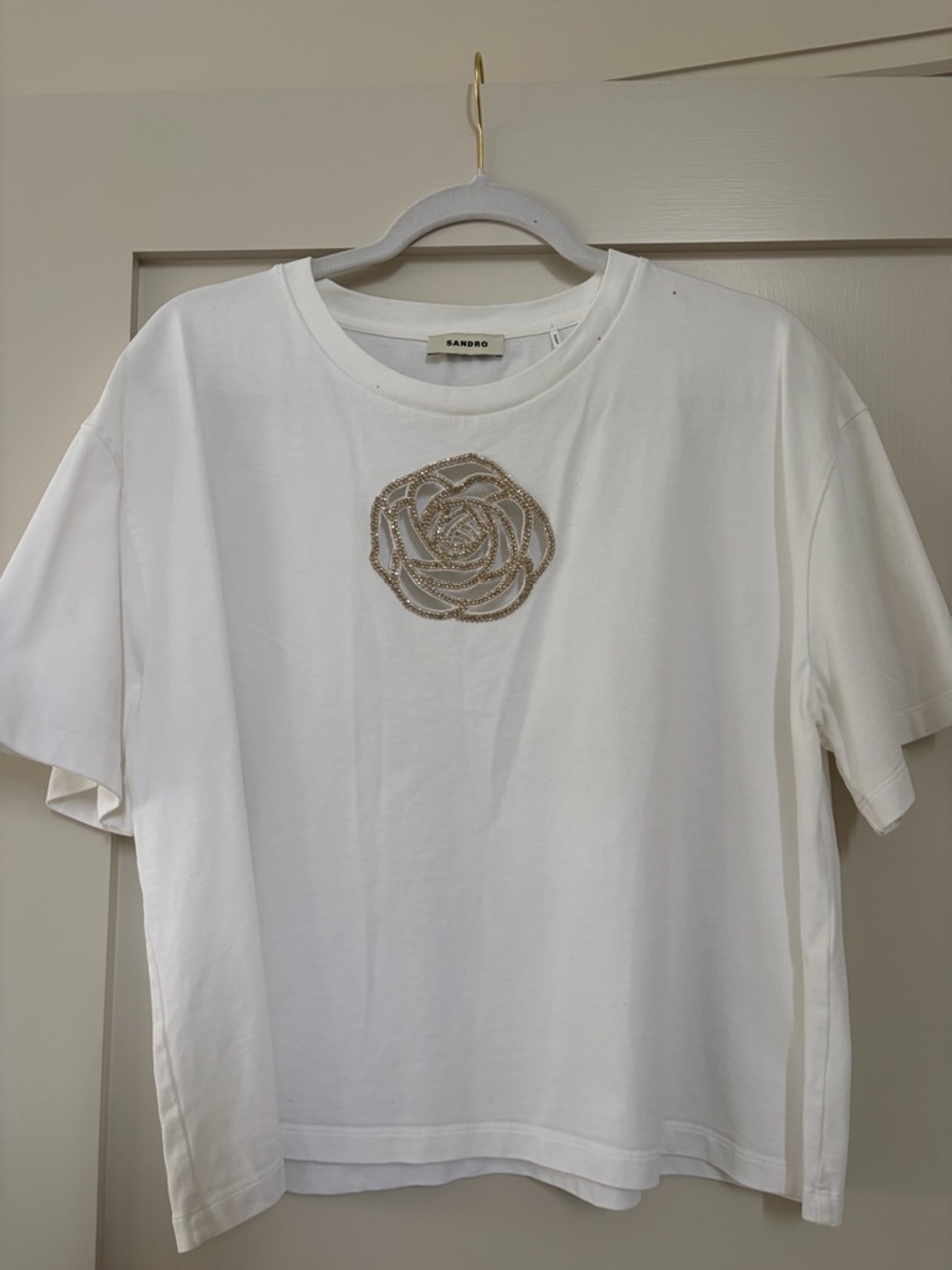 Sandro White Short-Sleeve Tee with Gold Embellished Rose